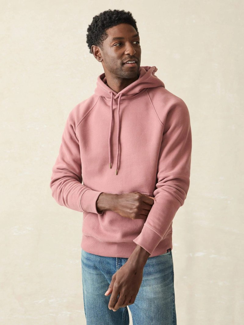 FAHERTY HIGH STANDARD FLEECE HOODIE COCOA MAUVE FRONT CROP