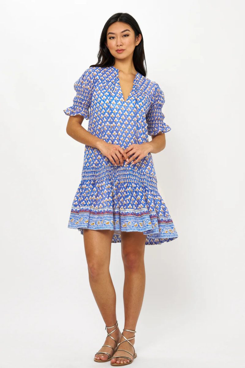 Oliphant Smocked Drop Waist Mini Dress Clover Blue Front