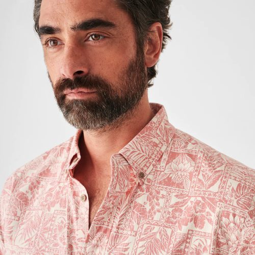 SP23 faherty mens MWS2306 CTP SS STRETCH PLAYA SHIRT CORAL TILE PRINT detail 1 1000x 87eed083 5c42 4bdb a693 933a422badd2