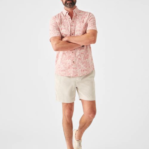 SP23 faherty mens MWS2306 CTP SS STRETCH PLAYA SHIRT CORAL TILE PRINT front 1 1000x dffcbb29 694f 46c0 9ce3 debb97394170