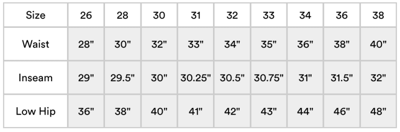 alex crane mens cham pants size chart